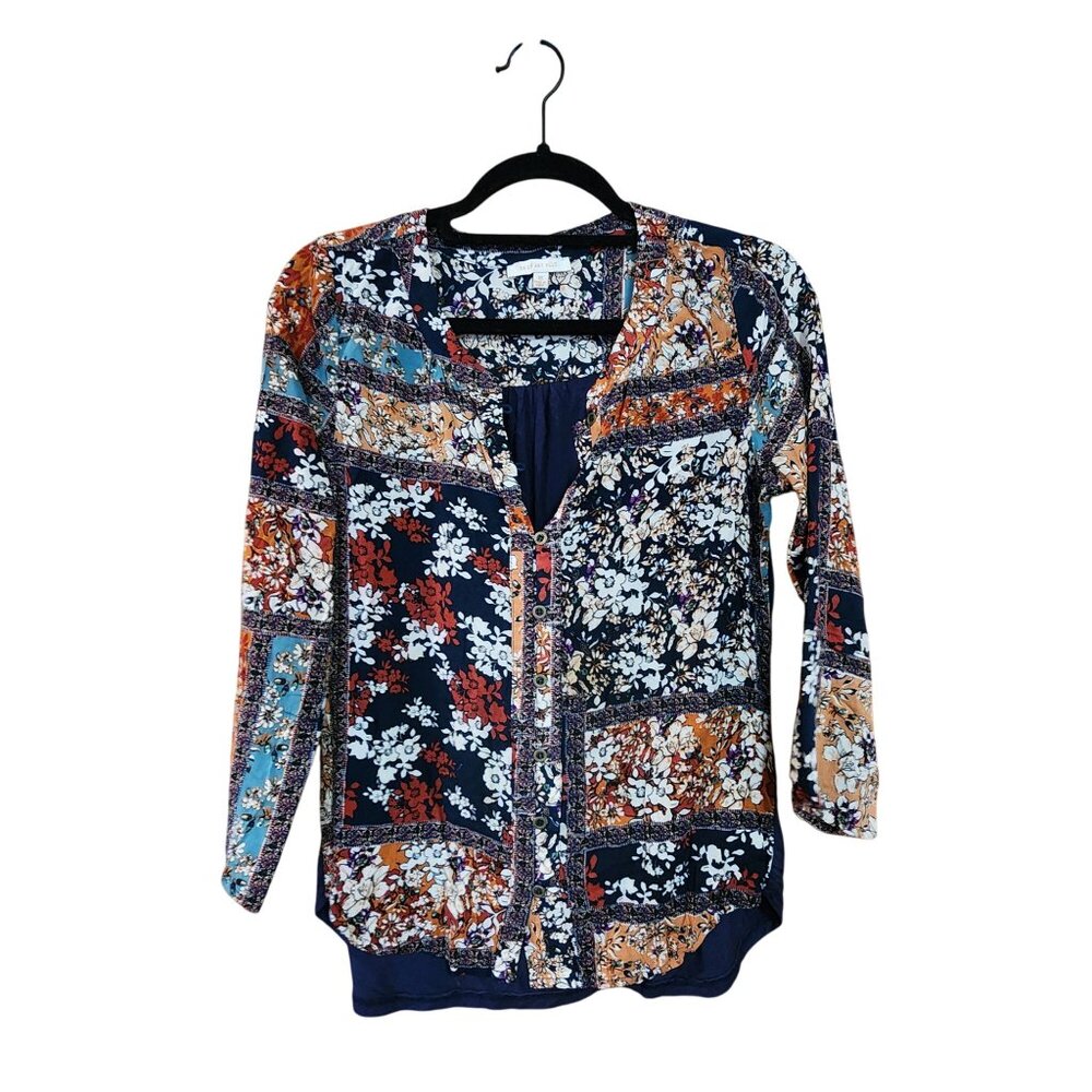 Skies Are Blue XS Floral Patchwork Blouse Womens 3/4 Sleeve Lightweight Boho Sty